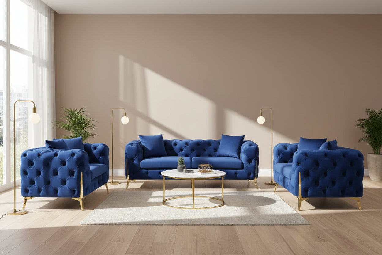 Valemount Velvet Sofa Set with Gold Frame Accents – 3-Piece Modern Statement Living Room Collection
