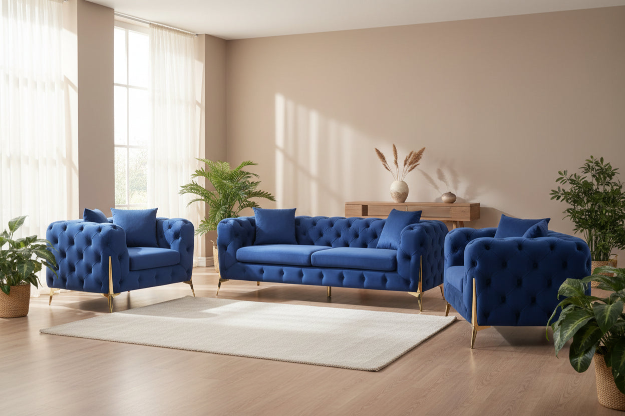 Valemount Velvet Sofa Set with Gold Frame Accents – 3-Piece Modern Statement Living Room Collection