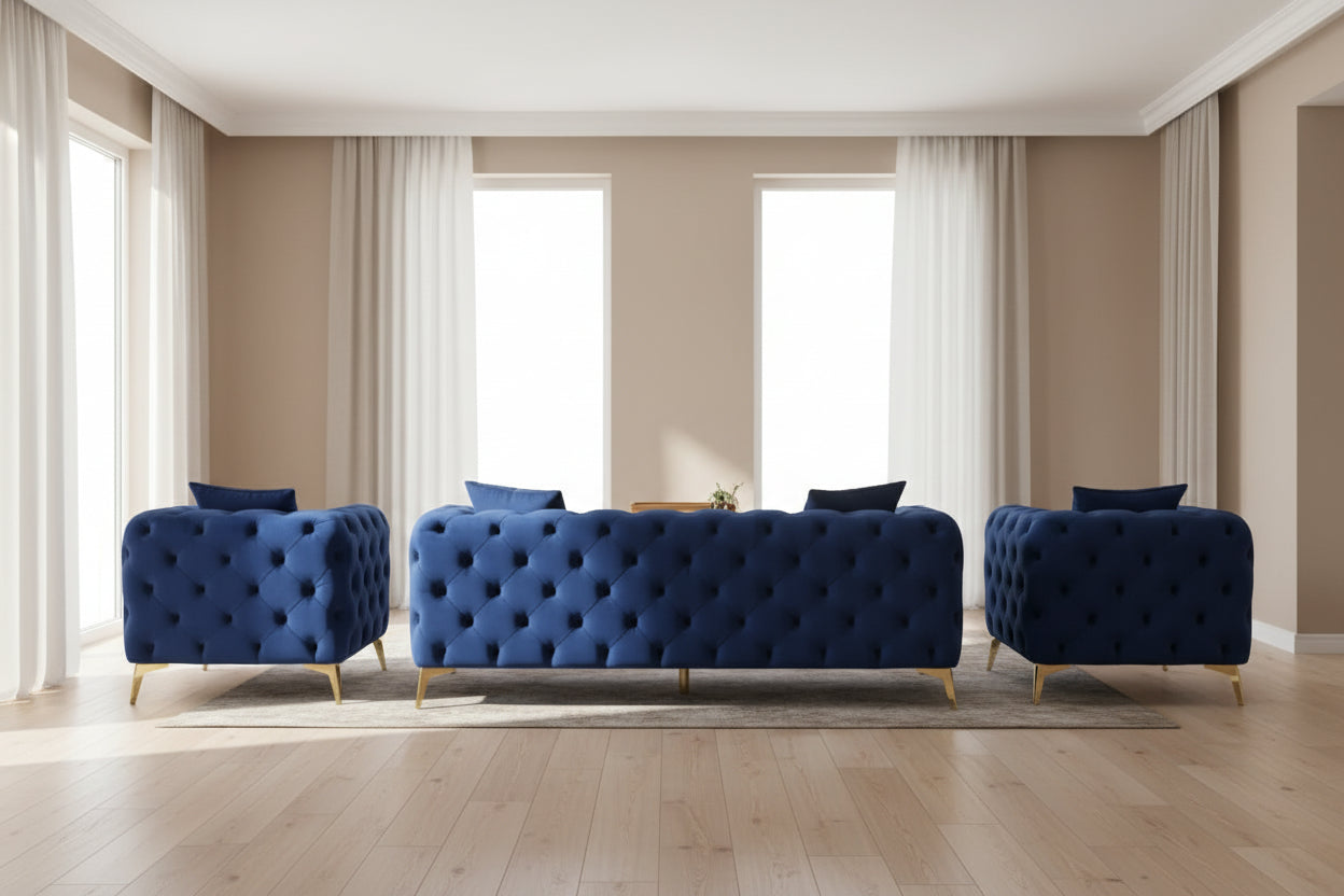 Valemount Velvet Sofa Set with Gold Frame Accents – 3-Piece Modern Statement Living Room Collection