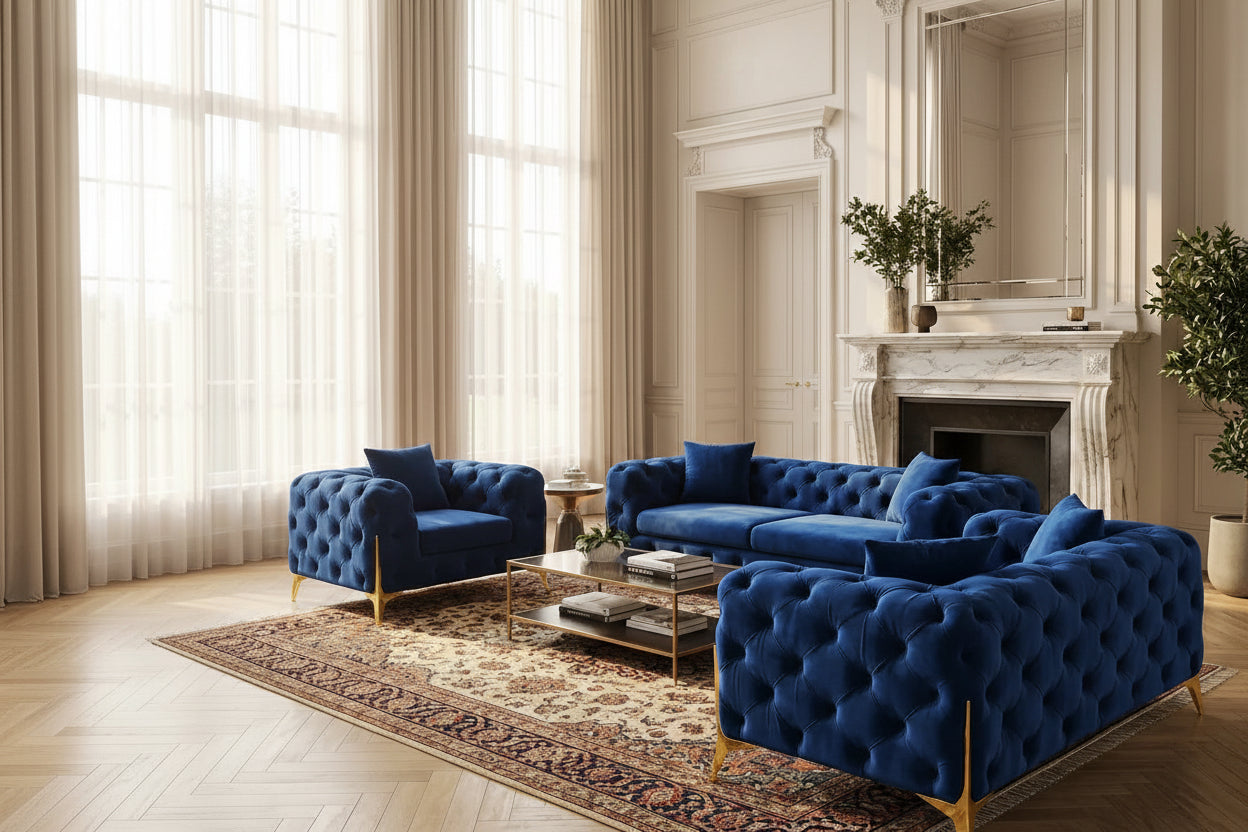 Valemount Velvet Sofa Set with Gold Frame Accents – 3-Piece Modern Statement Living Room Collection