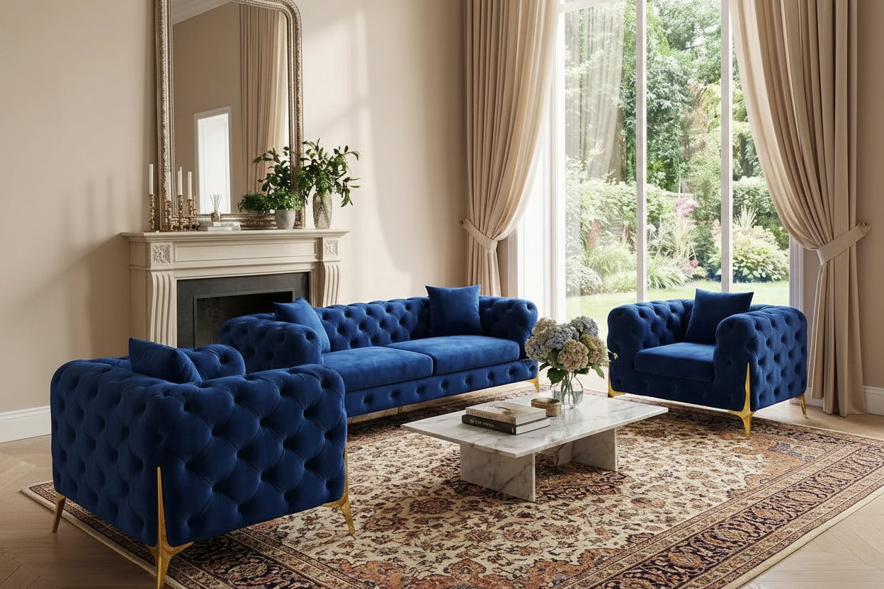 Valemount Velvet Sofa Set with Gold Frame Accents – 3-Piece Modern Statement Living Room Collection