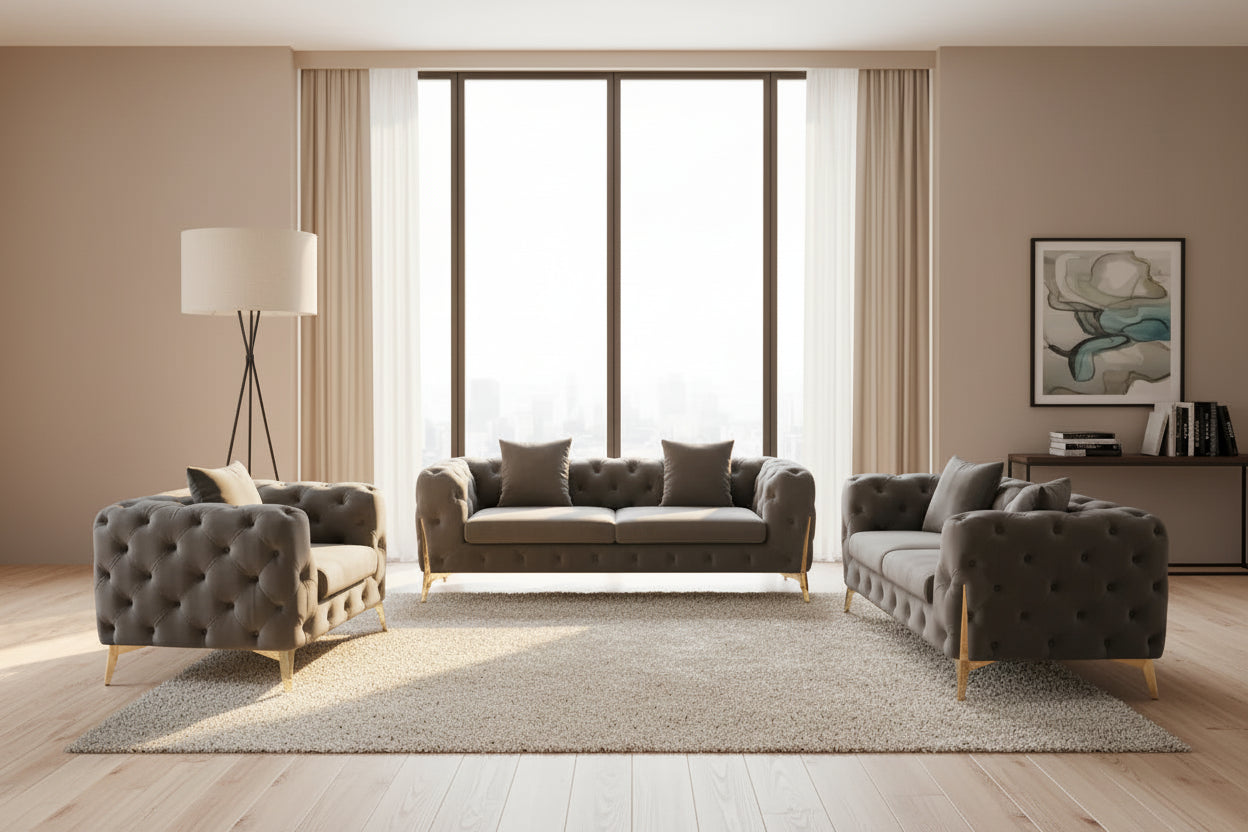 Valemount Velvet Sofa Set with Gold Frame Accents – 3-Piece Modern Statement Living Room Collection